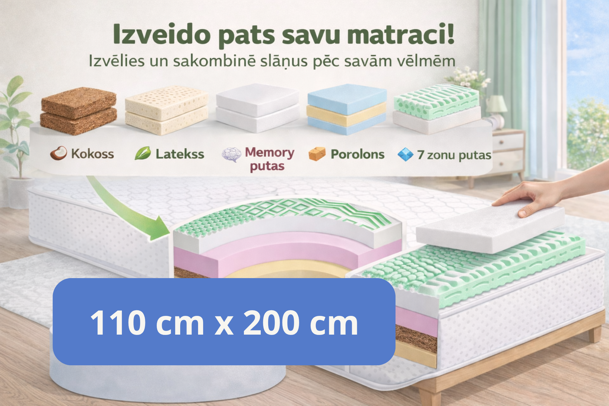 110 cm x 200 cm izveido savu matraci